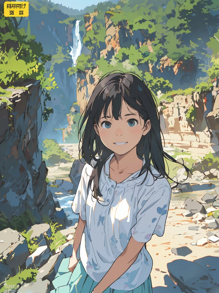 reasonable design, Clear lines, High Sharpness, (highest quality,8K,Perfect sharpness,Ultra fine,High resolution,masterpiece:1.2), Perfect Anatomy:1.5, Official Art, Illustrations that tell a story, (Whitish background:0. 9）、Body Positivity、More Mr.Physical expression、（Random and mischievous poses）、Perfect beauty、Perfect beautiful face、Strong winds、A rich expression、Dynamic composition、smile、Golden ratio composition、colorful、（Mr.Different angles and perspectives）、anime art、mini skirt、（Overcoming stereotypes）、 Glowing Skin、（Natural beauty）、smile、bangs、Straight Hair、（Soft and flowing hair）、（Rural Scenery）、（Nostalgic atmosphere）、Insert up to the thighs、（Playful and carefree）、（More Mr.Ethnic characters）、（innocent attitude）、（Sunny atmosphere）、Skirt flipped up、（Bright colors）、Belly button exposed、Beautiful Eyes、A skirt fluttering in the wind、Put it in to your feet、Some composition patterns、sensuous、Geometric pattern、emotional、Symposium cover、