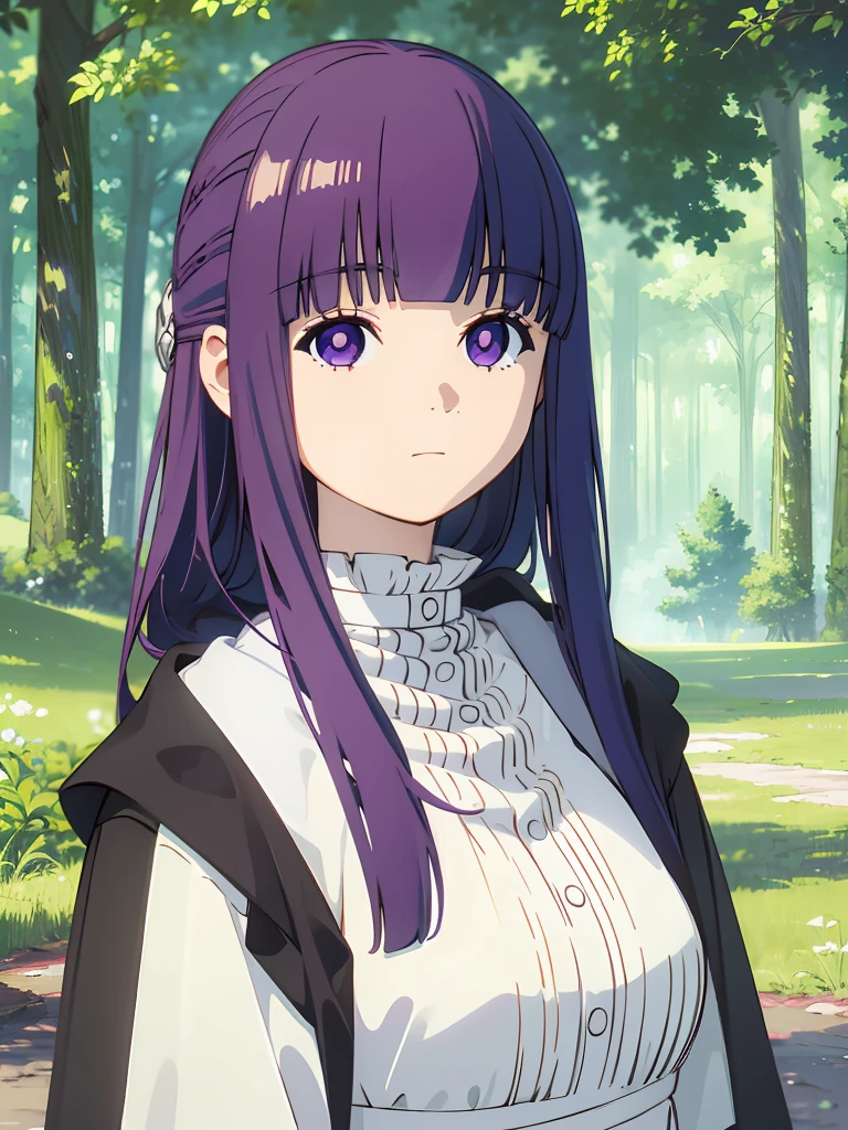 best quality, masterpiece, highres, solo, (fern_sousounofrieren:1.10), 1girl, closed mouth, forest, outdoors, tree, expressionless, looking at viewer, frilled collar, dress, upper body, portrait, anime_style, 6