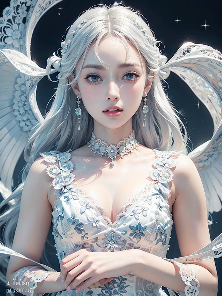 White Background、Professional Lighting、(((Professional Lighting 1.5)))、Translucent skin texture、Beautiful Skin、Beautiful Skin、、(((Whitening 1.5)))、、、音符のEcstasy、((White lace dress 1.5))、、Mid-shot photo、Simple earrings and necklace、((white hair))、Tie your hair up、sex appeal、Sex Appeal、Ecstasy、(((1.5))、