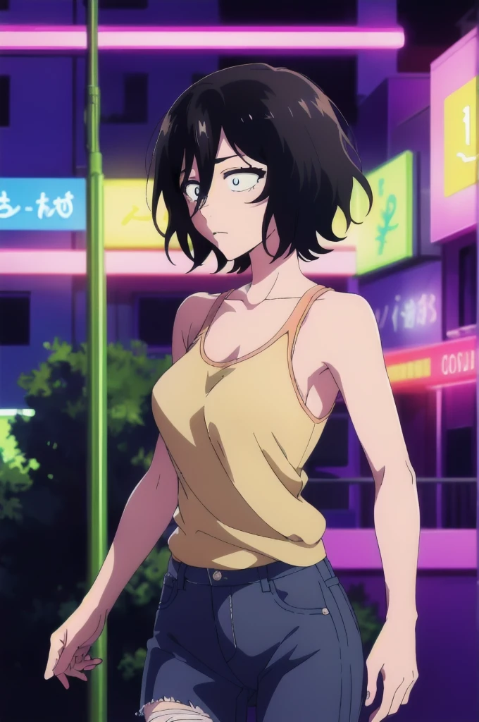 ((best quality)),((highly detailed)),masterpiece,absurdres,detailed face,beautiful face,(detailed eyes, deep eyes),(1girl),((dynamic pose)),  1girl, Akira, black hair, hair between eyes, messy hair, short hair, black eyes, bags under eyes, solo, constricted pupils,walking, at night,white tank top, medium breast, (eyes looking away from the viewer:1.3, looking away from viewer:1.3), ripped jeans, hands in pocket, nighttime, city streets, neon signs, crowd behind, cowboy shot