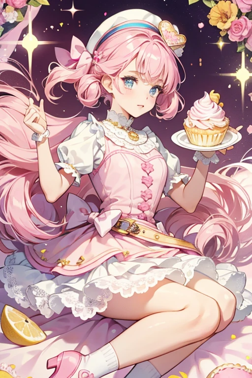 Sprinkle wears a shiny gold dress with a white curled design along the hem. The collar is made of lace, while a magenta belt rests around her waist with a magenta bow attached to it, held by a cookie heart in the middle. The petticoat is pink tulle with glitter applied. She wears a pair of hot pink booties with pale pink cream on the toe of each, worn with ruffled, short white socks. On her head is a pale pink hat with lemon-colored cream on top, resembling a cupcake resting on a white plate. SPARKLE; GLITTER