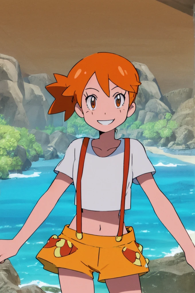 ((masterpiece,best quality)), absurdres, Misty_Pokemon, yellow crop top, suspenders, side ponytail, orange hair, denim shorts, solo, smiling, looking at viewer, cowboy shot, , tropical beach,