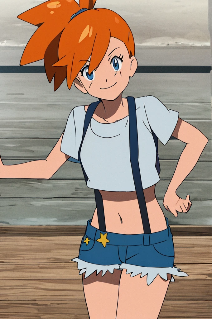 ((masterpiece,best quality)), absurdres, Misty_Pokemon, yellow crop top, suspenders, side ponytail, orange hair, denim shorts, solo, smiling, looking at viewer, cowboy shot, , tropical beach,