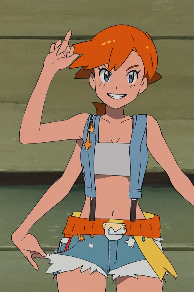 ((masterpiece,best quality)), absurdres, Misty_Pokemon, yellow crop top, suspenders, side ponytail, orange hair, denim shorts, solo, smiling, looking at viewer, cowboy shot, , tropical beach,