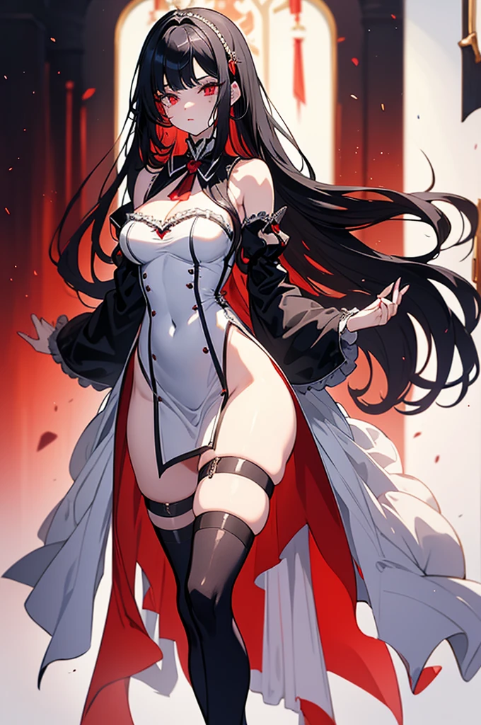 masterpiece, super detailed, precision art, beautiful young woman, 18 years old, waist length straight silky black hair, flawless pale white skin, beautiful blood red eyes, symmetrical face, sexy and beautiful but dangerous and deadly, staring into her eyes is as if you are being marked by a predator, thick and plump blood red lips, slender and athletic body, modest breasts, modest curves, small round ass, tall height(180cm), wearing elegant yet battle ready French maid uniform, thigh-high stockings and detached sleeves, hip level shot