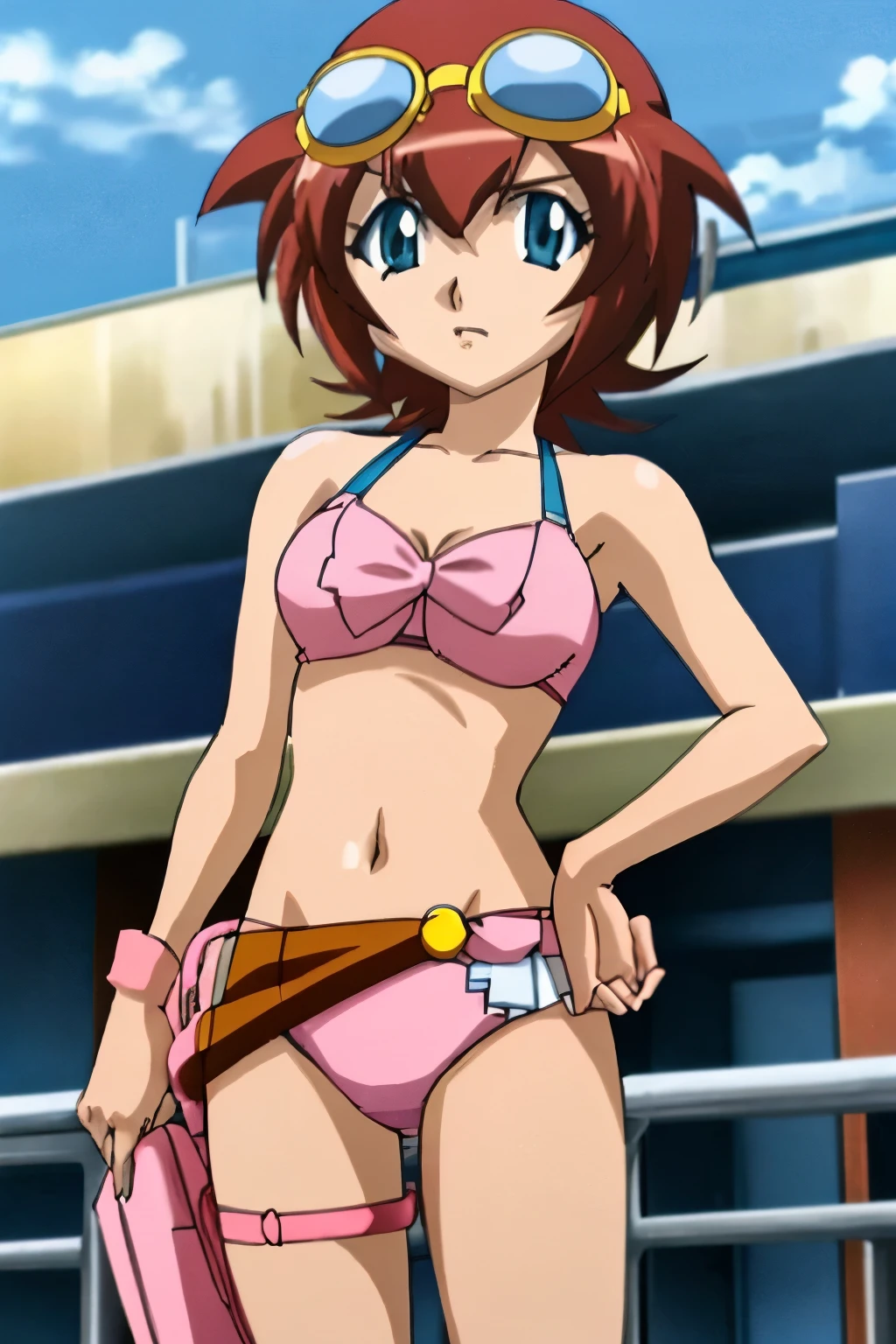 Amano_Madoka_Beyblade, 1girl, solo, short hair, aqua eyes, brown hair, goggles on head, in pink bikini, strapped, high quality, white thighighs