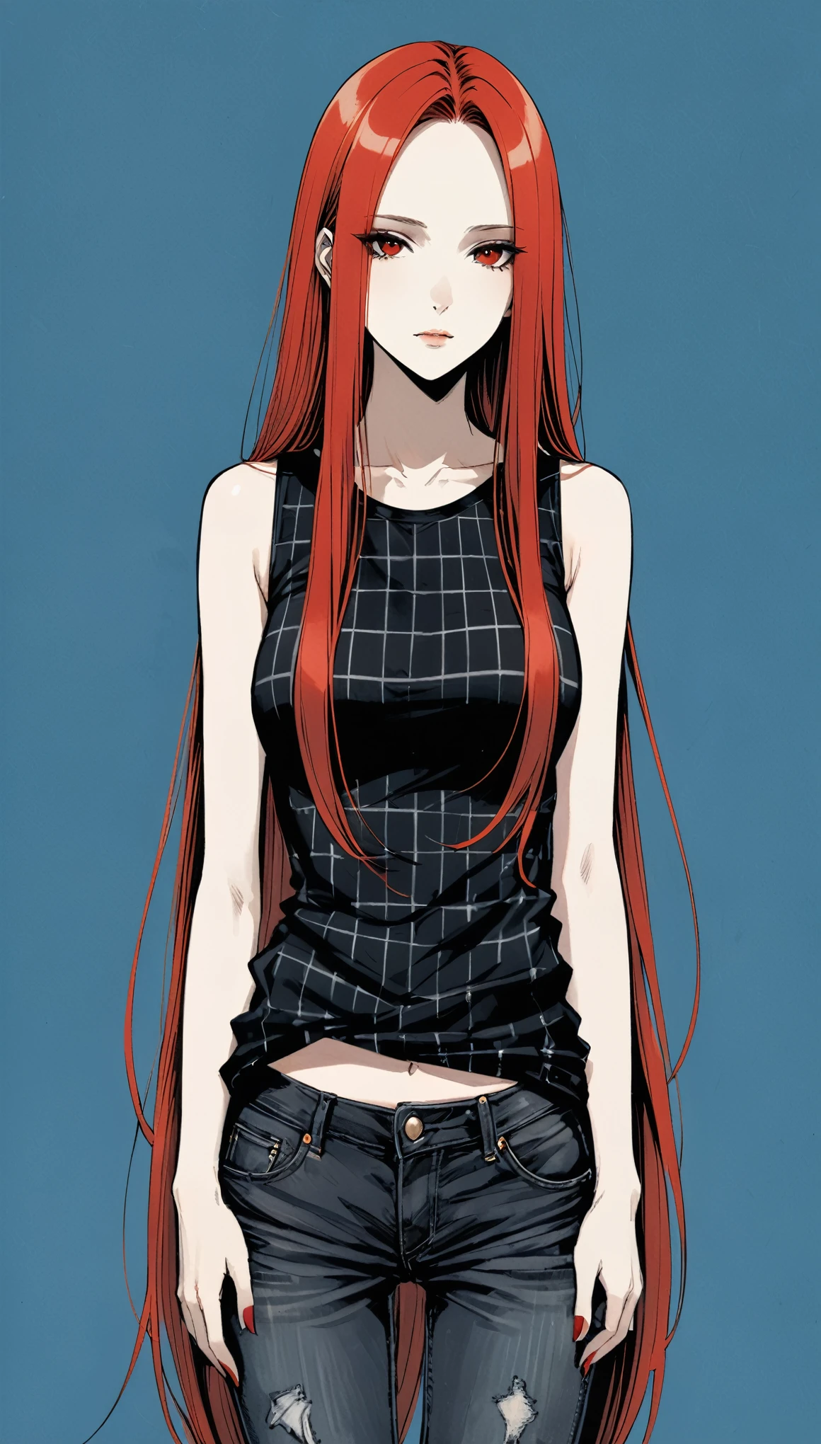 in style of Santiago Caruso,1girl,独奏,Blue Background,Black Plaid Sleeveless T-Shirt,jeans,One hand behind your back,looking at viewer,(Soft and straight long hair:1.5)Red long hair,Simple style,wide angle,in style of Santiago Caruso