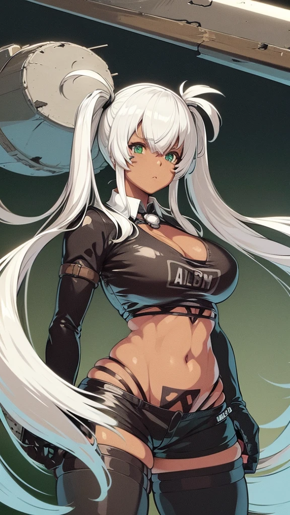 Anime, 1 girl, Alabama Def, white hair, large Double Pigtails hairstyle, big round breasts, form strong body, perfect anatomia, military's uniform, green eyes, expressive eyes, Holding a mechanical spear, large wasteland as background