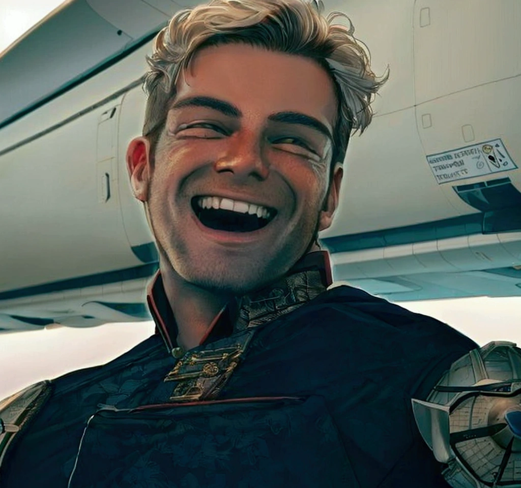 um close de um homem de uniforme sorrindo em um avião, Home Lander from the boys, sorrindo loucamente, Chris Pinho, sorriso alegre, ele está sorrindo, Home Lander, while holding a man by the neck rindo loucamente