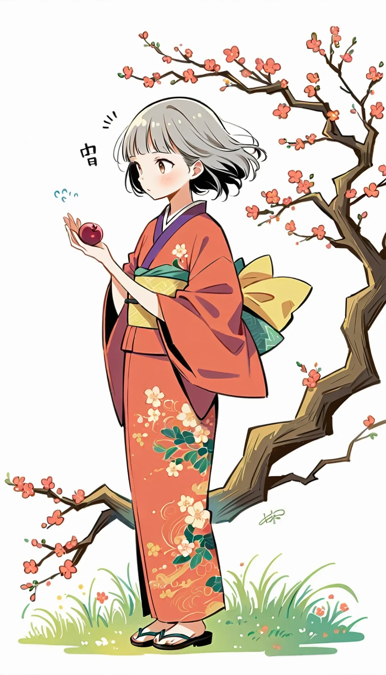white background, Fujichoco style, kimono, (((The Most Beautiful Girl))),  gray hair, ((plum tree, Plum blossoms)), simple background, Simple line initialism, full body, 