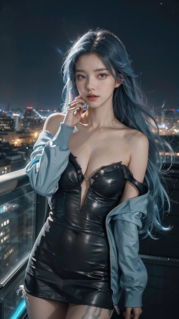 (masterpiece), best quality, ultra high res,, cyberpunk 1girl flying above stunning cityscape ,hoodie,blue hair, neon color shooting stars, very long hair, off shoulder, feather hair ornament, neon colors, flashes, stunning night sky, cinematic lighting, photorealistic, realistic skin, HDR,fisheye