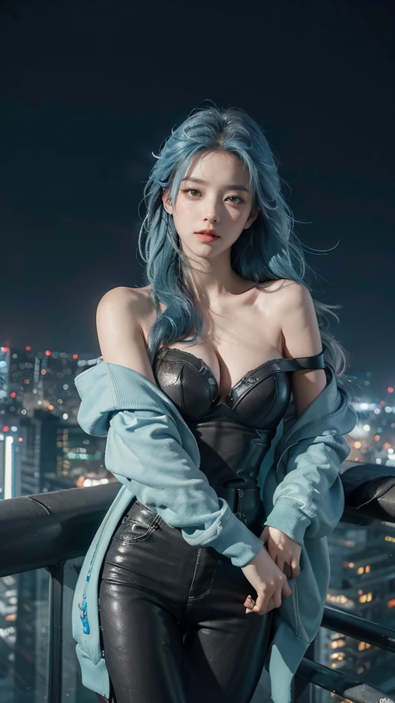 (masterpiece), best quality, ultra high res,, cyberpunk 1girl flying above stunning cityscape ,hoodie,blue hair, neon color shooting stars, very long hair, off shoulder, feather hair ornament, neon colors, flashes, stunning night sky, cinematic lighting, photorealistic, realistic skin, HDR,fisheye