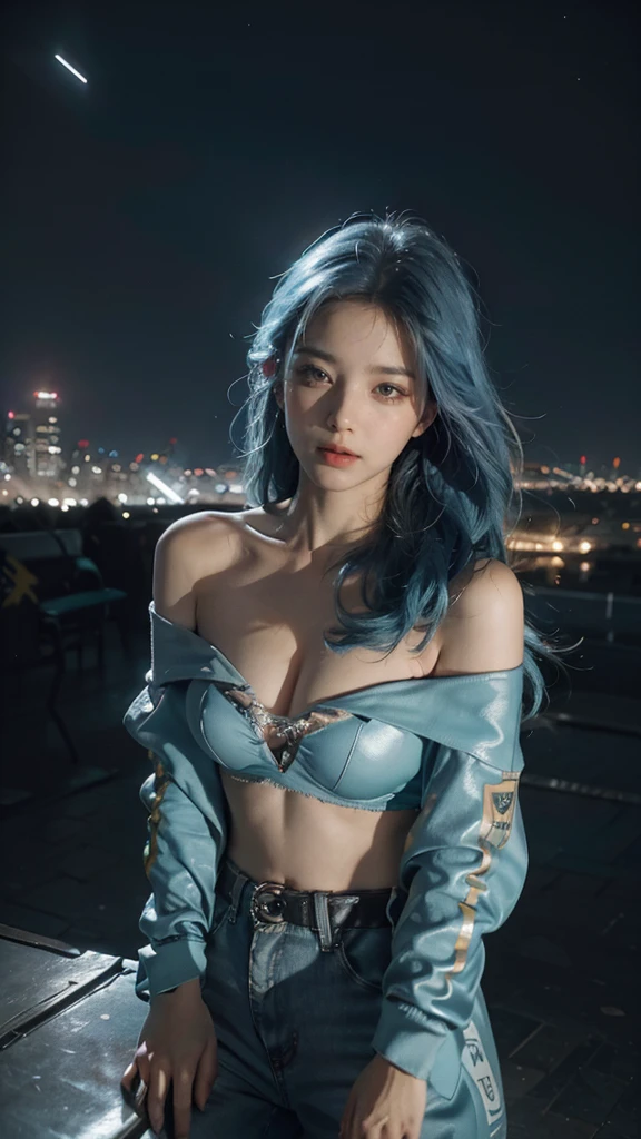 (masterpiece), best quality, ultra high res,, cyberpunk 1girl flying above stunning cityscape ,hoodie,blue hair, neon color shooting stars, very long hair, off shoulder, feather hair ornament, neon colors, flashes, stunning night sky, cinematic lighting, photorealistic, realistic skin, HDR,fisheye