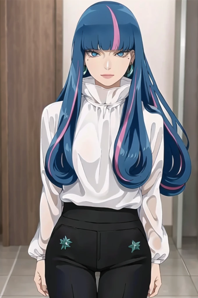 ((best quality)), ((highly detailed)), masterpiece, ((official art)), detailed face, beautiful face, (detailed eyes:1.3, deep eyes), (eida), long hair, bangs, blue eyes, very long hair, blue hair, pink hair, multicolored hair, earrings,  blunt bangs,  two-tone hair, streaked hair,(seductive smile),hoop earring,shirt, white shirt, looking at viewer, black necktie, (black pants:1.1), thigh gap, necktie,(arms behind back), medium breasts, pants, collared shirt, (upper body),(office), long sleeves, standing, closed mouth, (shirt tucked in:1.2),dress shirt,(formal),(high pants),,best quality, masterpiece, intricate details, tonemapping, sharp focus, hyper detailed, trending on Artstation,1 girl, solo,best quality, masterpiece, intricate details, tonemapping, sharp focus, hyper detailed, trending on Artstation,1 girl, solo