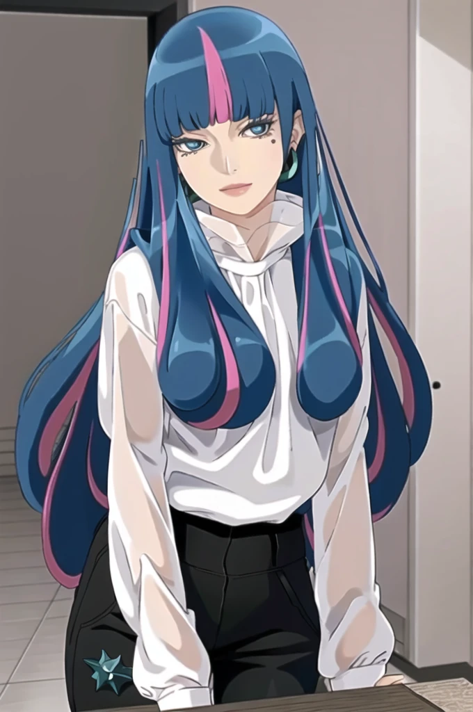 ((best quality)), ((highly detailed)), masterpiece, ((official art)), detailed face, beautiful face, (detailed eyes:1.3, deep eyes), (eida), long hair, bangs, blue eyes, very long hair, blue hair, pink hair, multicolored hair, earrings,  blunt bangs,  two-tone hair, streaked hair,(seductive smile),hoop earring,shirt, white shirt, looking at viewer, black necktie, (black pants:1.1), thigh gap, necktie,(arms behind back), medium breasts, pants, collared shirt, (upper body),(office), long sleeves, standing, closed mouth, (shirt tucked in:1.2),dress shirt,(formal),(high pants),,best quality, masterpiece, intricate details, tonemapping, sharp focus, hyper detailed, trending on Artstation,1 girl, solo,best quality, masterpiece, intricate details, tonemapping, sharp focus, hyper detailed, trending on Artstation,1 girl, solo