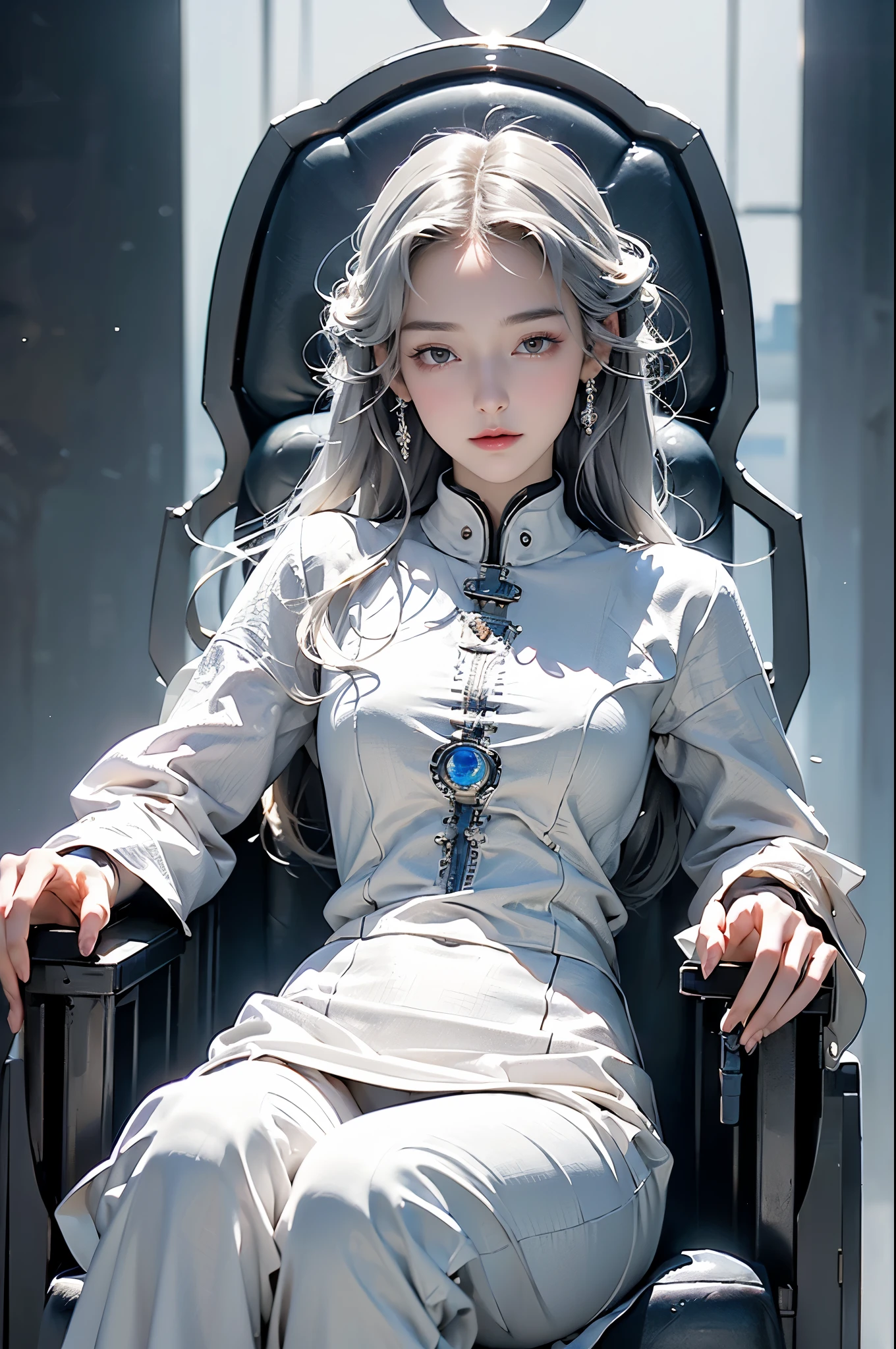 National Foundation,((Top quality、8K、masterpiece:1.3))Wears a silver-white mech，Girl with delicate face，Highest image quality，Ultra-clear，Exquisite and clear facial features，End of the World，Robotic Arm，Delicate and detailed mechanical pattern,Cyberpunk Characters、numbercity、number、century、throne、