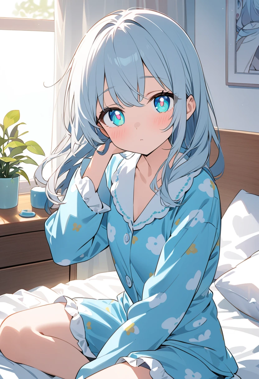 You are a professional illustrator。Please carefully check and draw the illustration according to the following conditions.、Morning Situation、A girl is sitting on her bed, gazing sleepily at the camera.、Delicate anime face、Big clear eyes、In pajamas、