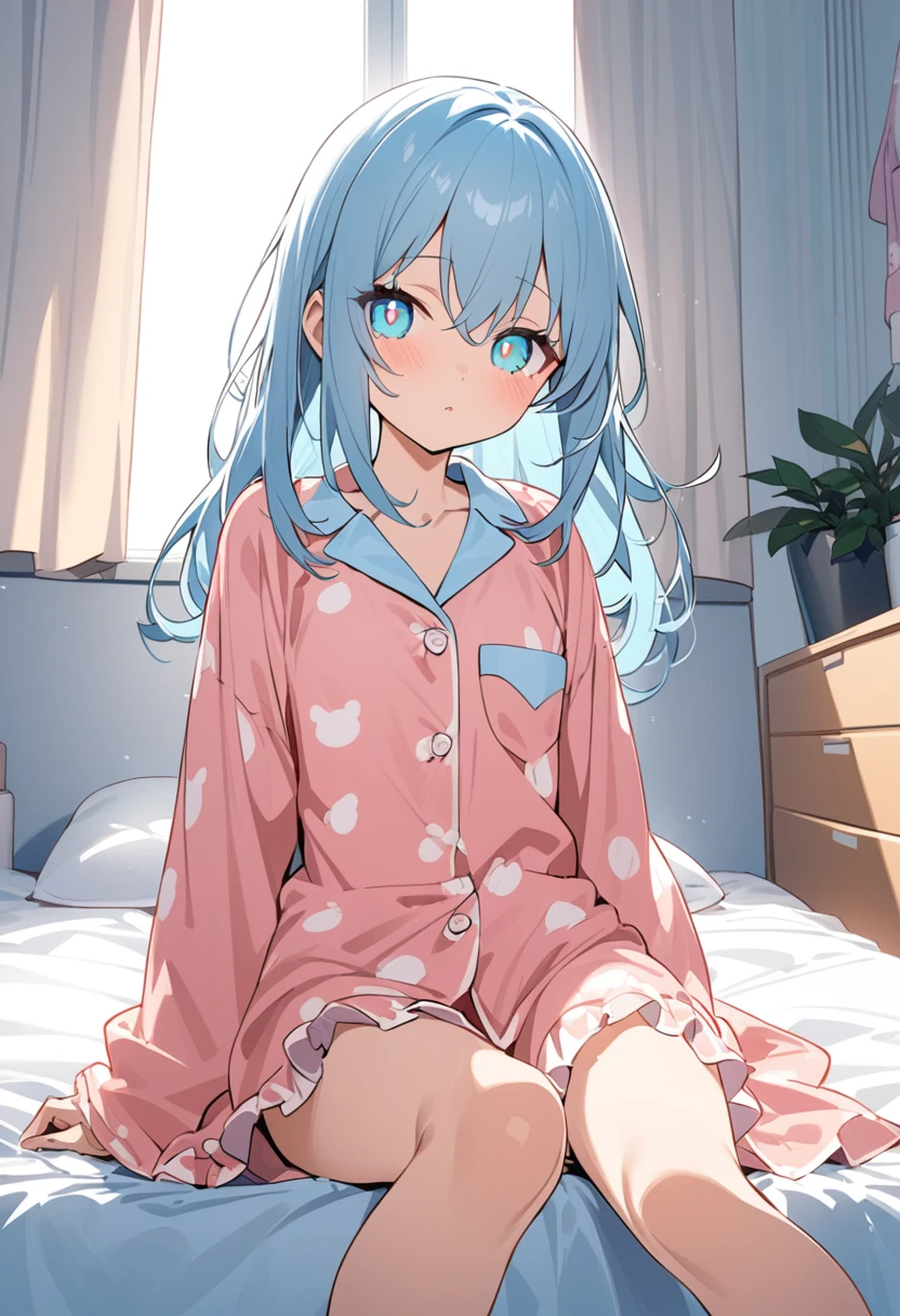 You are a professional illustrator。Please carefully check and draw the illustration according to the following conditions.、Morning Situation、A girl is sitting on her bed, gazing sleepily at the camera.、Delicate anime face、Big clear eyes、In pajamas、