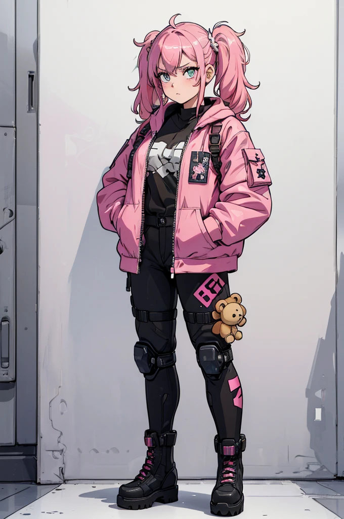(masterpiece, best quality, high resolution, 1 , pink hair tied in 2 wavy pigtails, white cyberpunk style military clothes, white military boots, holding a teddy bear in her hands, expressionless (white background, stickers. Redmond), ((full body standing)),