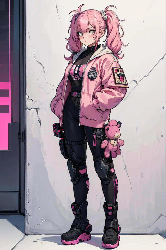 (masterpiece, best quality, high resolution, 1 , pink hair tied in 2 wavy pigtails, white cyberpunk style military clothes, white military boots, holding a teddy bear in her hands, expressionless (white background, stickers. Redmond), ((full body standing)),