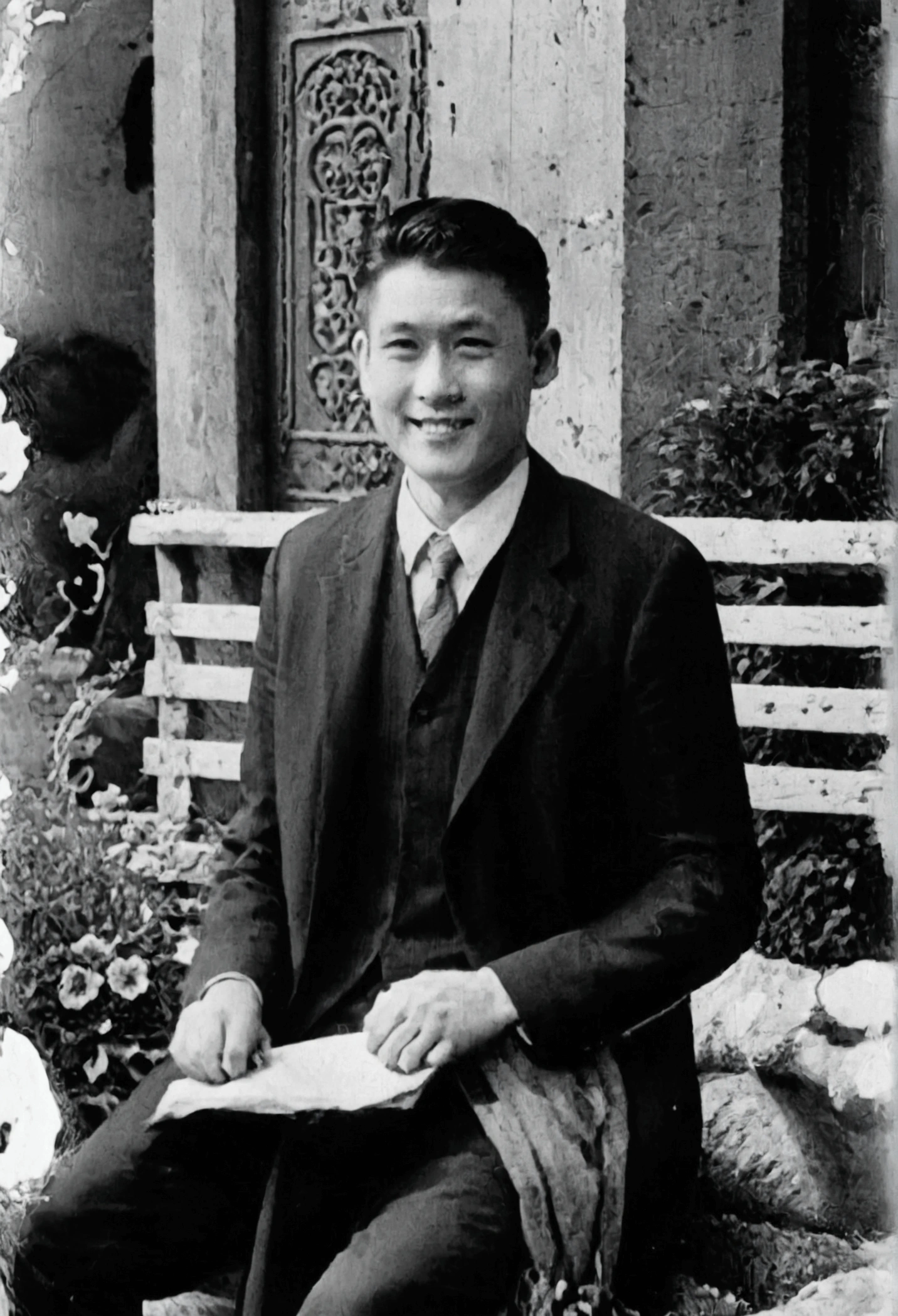 一张 60 年代的老式颗粒状low quality写实黑白照片, A handsome young James smiling, Sitting on a bench, 60&#39;s quality,1960s Grainy, low quality, Worst quality,