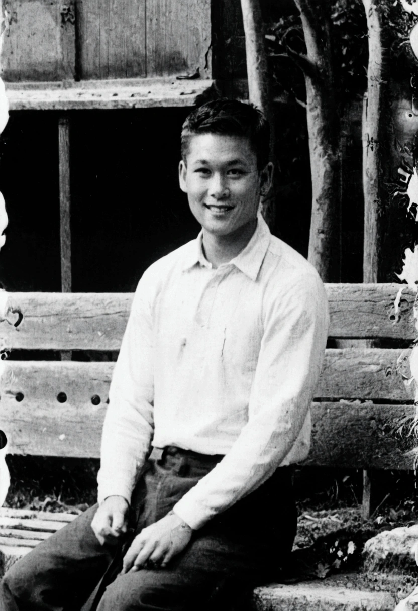 一张 60 年代的老式颗粒状low quality写实黑白照片, A handsome young James smiling, Sitting on a bench, 60&#39;s quality,1960s Grainy, low quality, Worst quality,