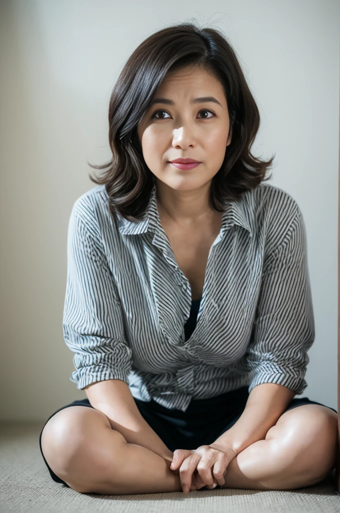 ((Best Quality, 8k, Masterpiece, Portrait: 1.3)), (looking at viewer),Photorealistic, Sharp Focus, Solo, Japan Milf, Beauty, Clothes with Cleavage View, 30 Years Old, Wavy Hair, Wrinkles at the Corners of the Eyes, ((Open your legs wide:1.5, Sit one knee up:1.5, show crotch)), (loose waist:0.5), darkness nobody room,