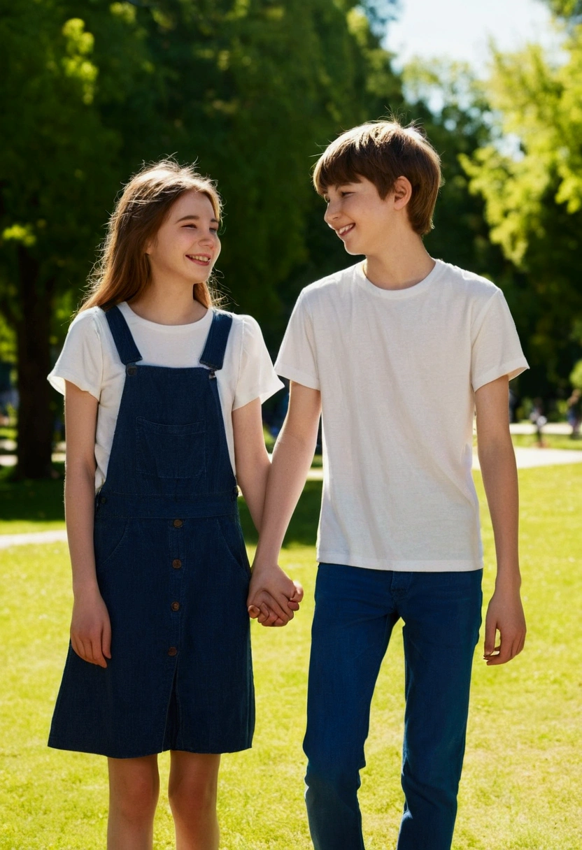 A young couple stands hand in hand, smiling with complicity in a sunny park. The 17-year-old girl looks tenderly at the boy, showing his obvious love, while the boy smiles back, showing that he cares deeply about her.
