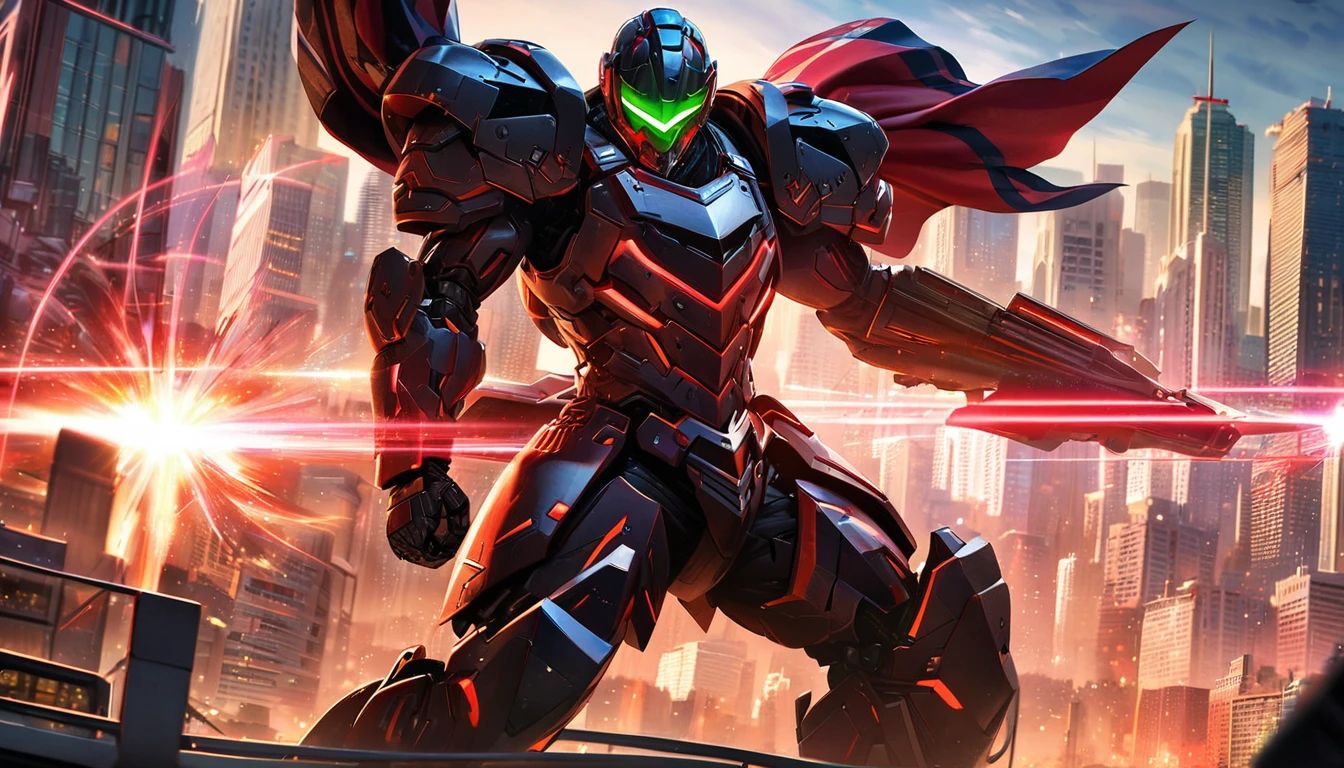 Large Mech-like suit standing, Downtown Vancouver, high-quality artwork, vibrant colors, detailed metal armour, intense lighting, cityscape background, heroic pose, dramatic shadows, carbon fibre black suit with red stripe highlights, laser cannons on shoulders, dynamic motion, hockey goalie faceplate, hockey goalie visor, football helmet covering face, epic superhero