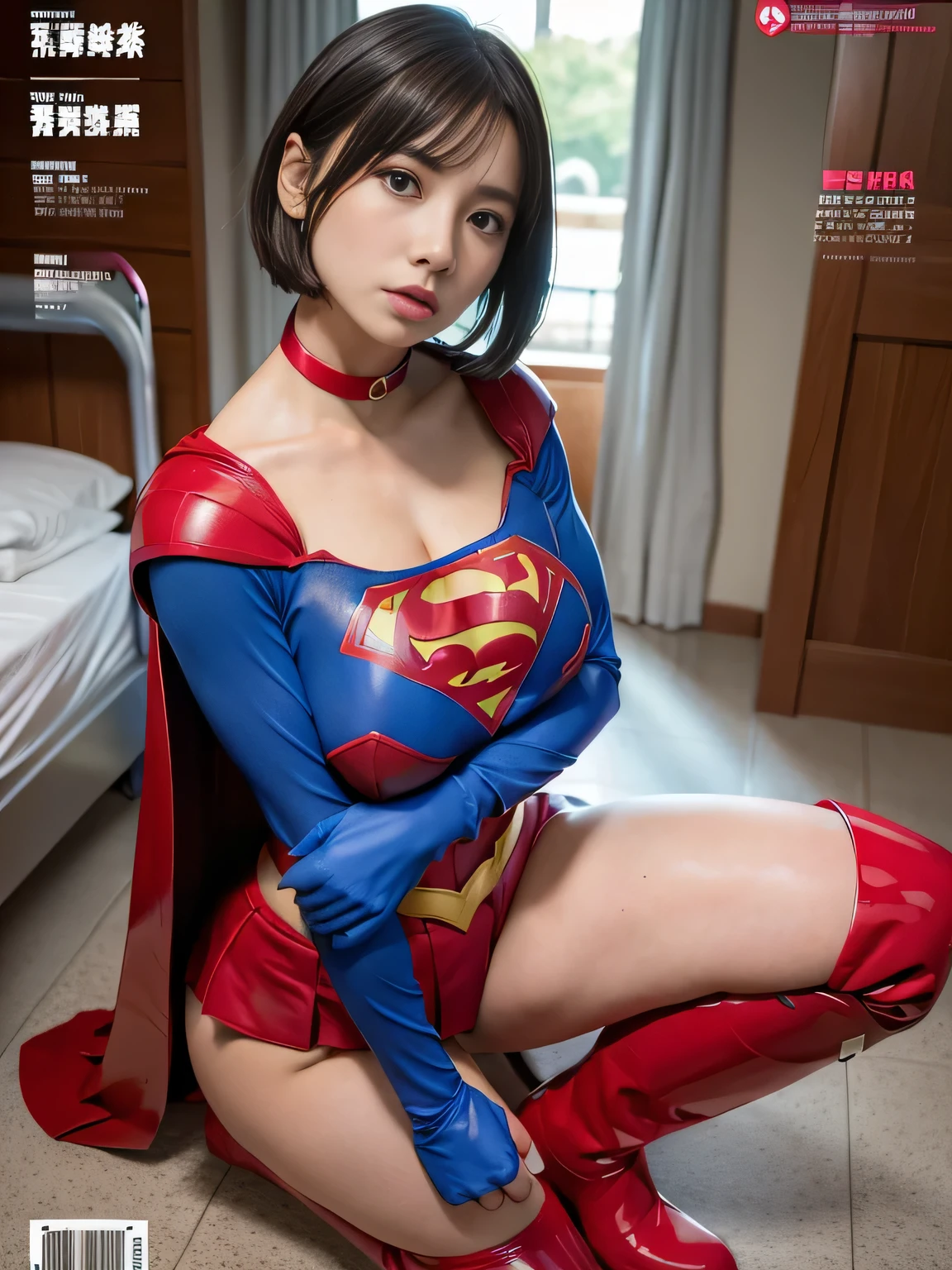 masterpiece、Rubber Supergirl Costume、short hair、Red rubber long boots、Big and ample breasts、looking at the camera、choker、Long sleeve、Cape、mini skirt、Off the shoulder、Sweaty skin、Hospital room、Photo magazine cover、Crumbling legs、Beautiful thighs、Knee-length boots、wallpaper for pc、