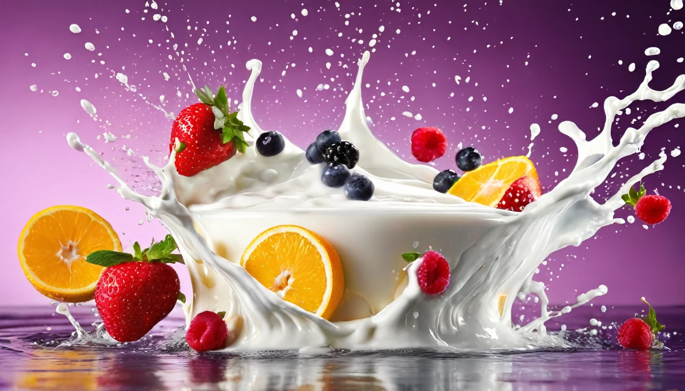 a picture of fruits splashing into yogurt like in a commercial