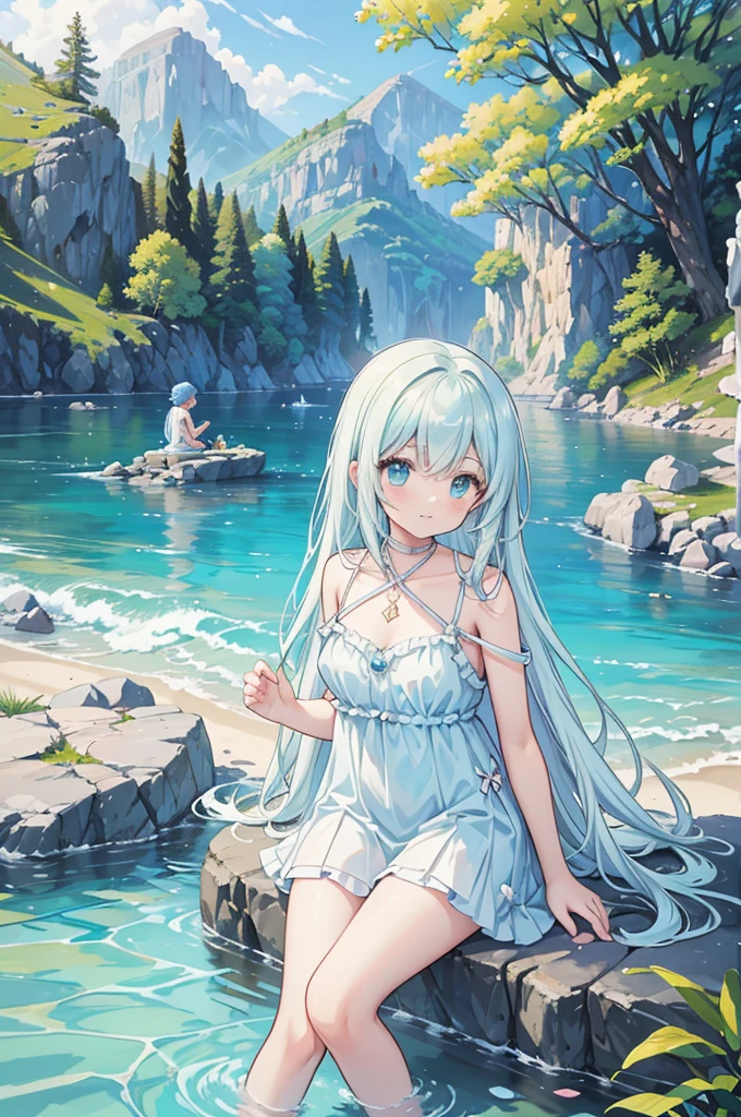 There is a man and a woman sitting on a rock by the water., Digital painting of Greek mythology, Love Concept Art, Charlie Bowter and Artgeam, Romanticism artistic style, Magali Villeneuve, Also known as Artemis Selene, Cyril Rolland and M.W Karuta, Cyril Rolland and M. W Karuta, Charlie Bowater's art style((Toddler girl)) ((5 years old))((naked)) ((nsfw))Long Hair((See-through white baby doll)) ((She lifts up her transparent skirt to reveal her crotch))((She opens her transparent chest to reveal her breasts.))((No panties))