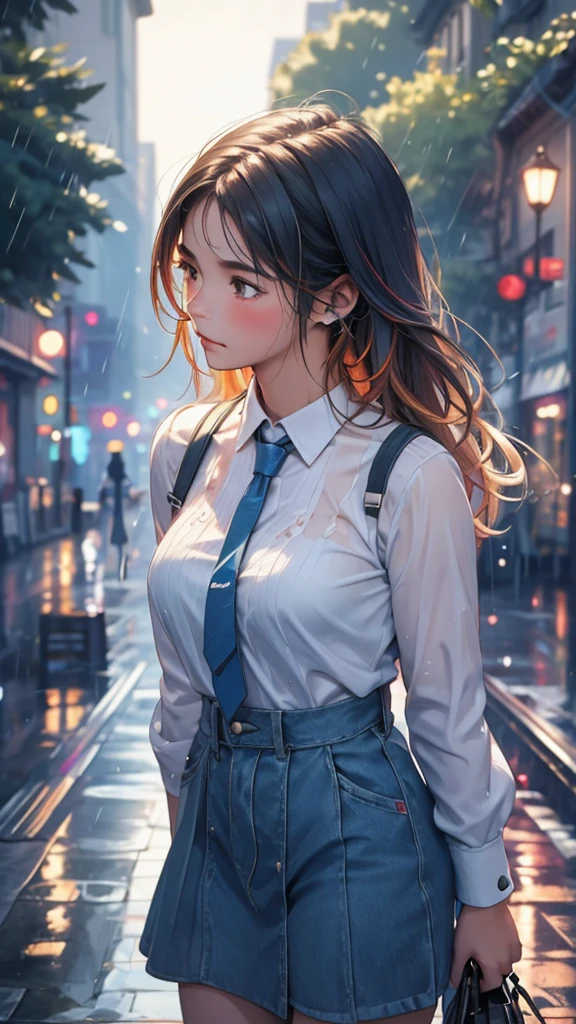 1girl, watercolor painting, high school girl, 18 years old, blue world, rain, rainbow raindrops, fantasy, sad expression, tears, crying, puddle, mirror-like reflection, bokeh, best quality, 4k, 8k, highres, masterpiece:1.2, ultra-detailed, realistic, photorealistic, photo-realistic:1.37, vivid colors, professional