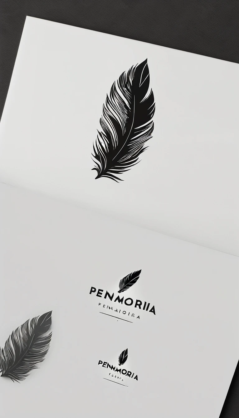 A minimal, modern, simple, cinematic logo design for the brand “Penamemoria". Create a modern, minimalistic, high-quality, masterpiece, fantastic, poetic feather that symbolizes dreams and stories.