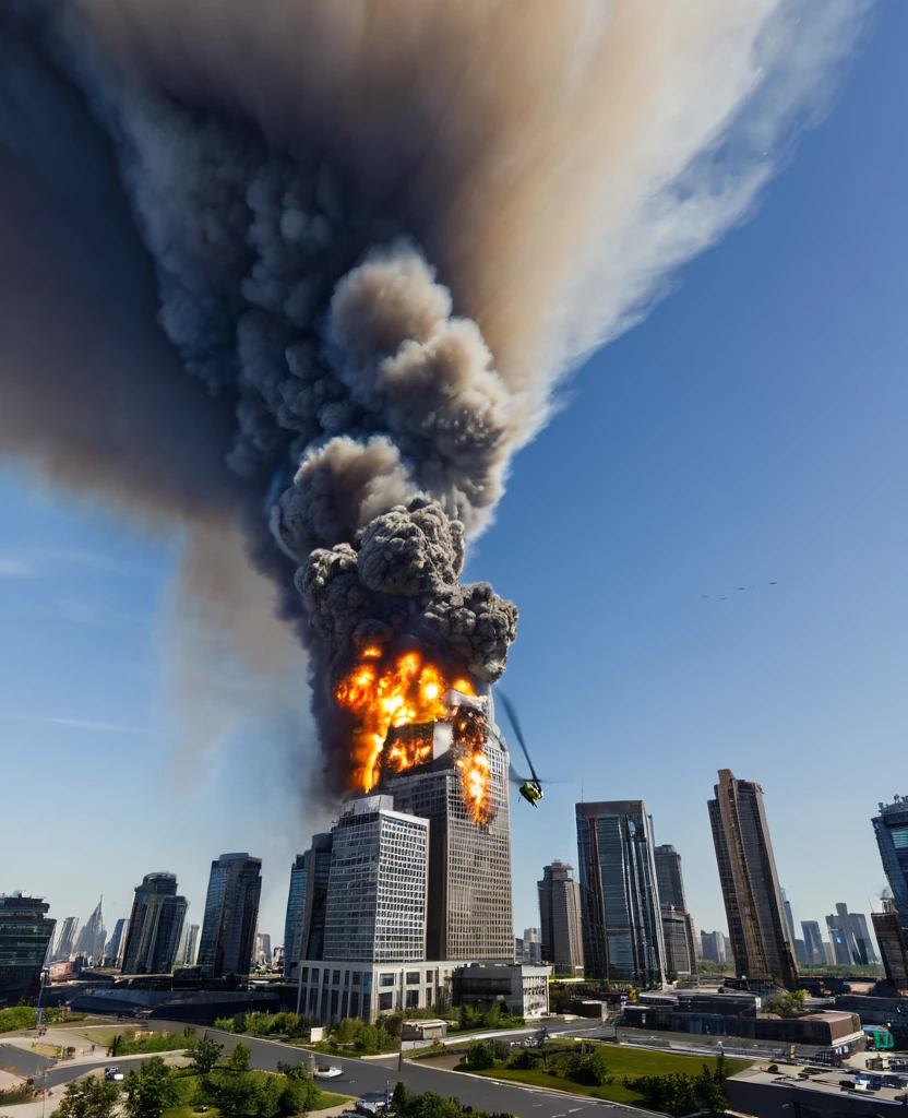 Sky scraper Buildings destroy by meteor, up buildings fire, helicopter fly, meteor destroy future buildings,