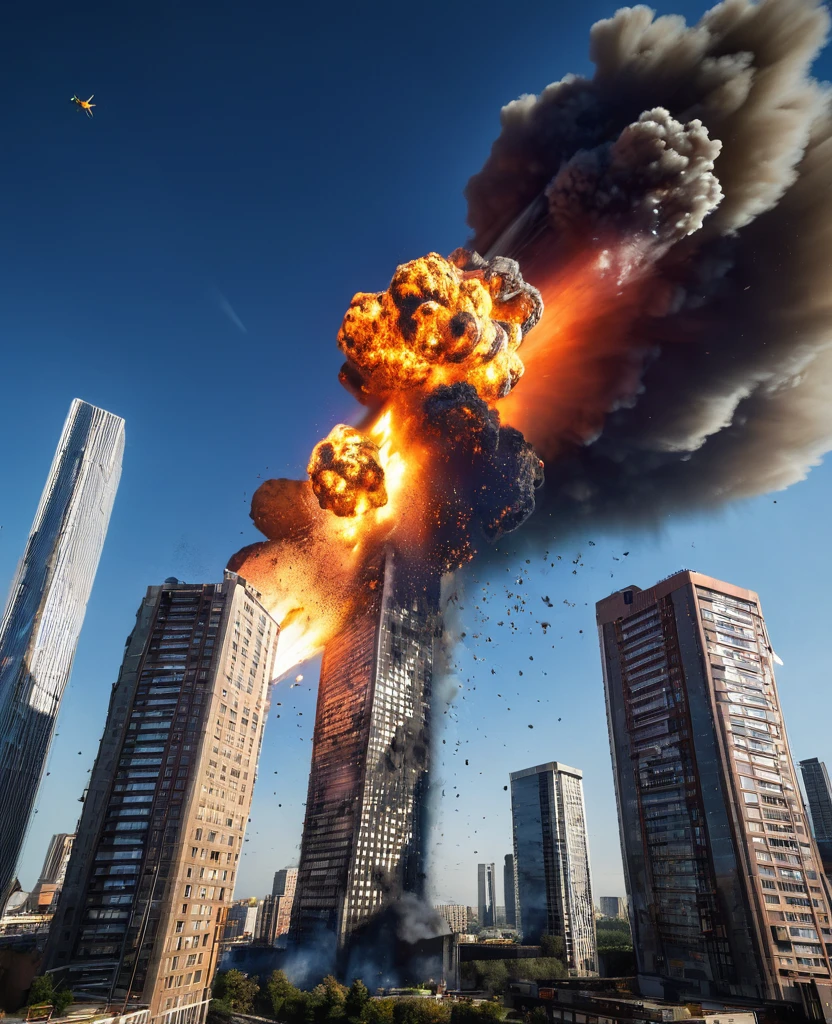 Sky scraper Buildings destroy by meteor, up buildings fire, helicopter fly, meteor destroy future buildings,