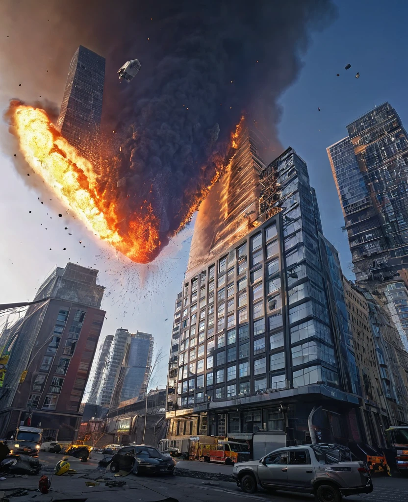 Sky scraper Buildings destroy by meteor, up buildings fire, helicopter fly, meteor destroy future buildings,