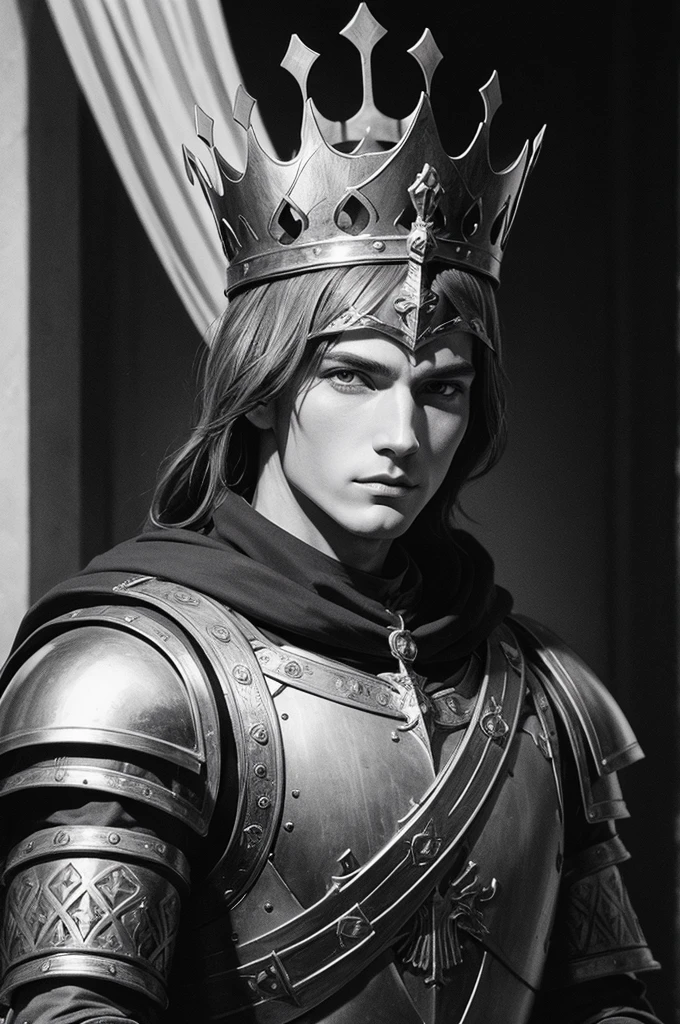 Medieval knight holding a crown Black and white drawing