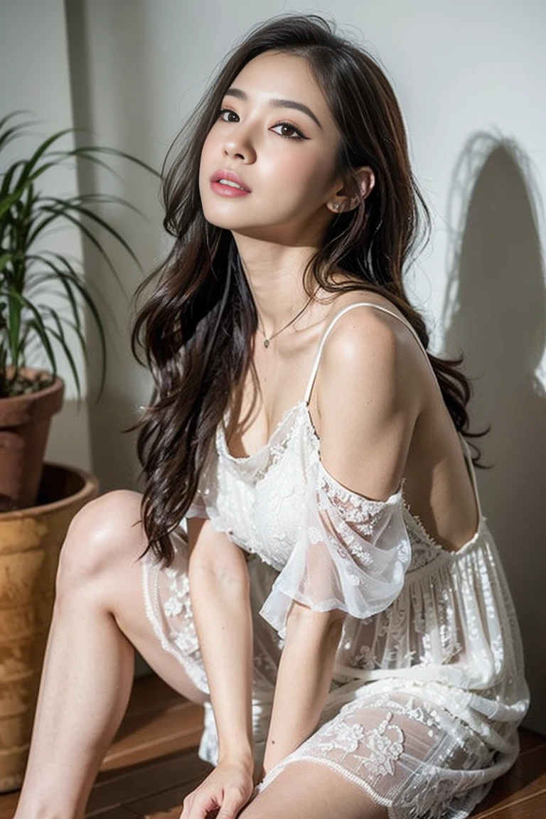 Dark brown hair、Light brown eyes、Japanese actress、 Lady、I am about 40 years old...、(Intricate details:1.2)、(Which is higher???:1.4)、 (Ultra-high resolution:1.2)、Ultra-high resolution、(fine adjustment)、(Detailed facial features)、Hmph、8k解像度、D cup size breasts、Long Hair、Large windows、Extravagant space、relax、、,Full body photo、Head to toe shot、Beautiful feet、Camisole dress、Beautiful feet、A refreshing room filled with sunlight、she, household items, (plant:0.8), Fashion Hub, Extremely detailed, Very detailed, Realistic, Hourglass Shaped Body, Obscene pose,、、私 cry a lot、tears、person on the left、White wall、White floor、diagonally from below、please lift your chin、Put your butt against the wall、relaxした表情、Pose of Weakness、(auraroid photo:1.2)、From outside the window、Transparent painting、8k、32k、Highest quality、(Details of both eyes)、1 girl、elegant、(Loose dress :1.4)、sunset、sit、(Low - Angle、I looked up and saw this:1.2)、Hilarious、Leaning against a wall、Looking into the camera、