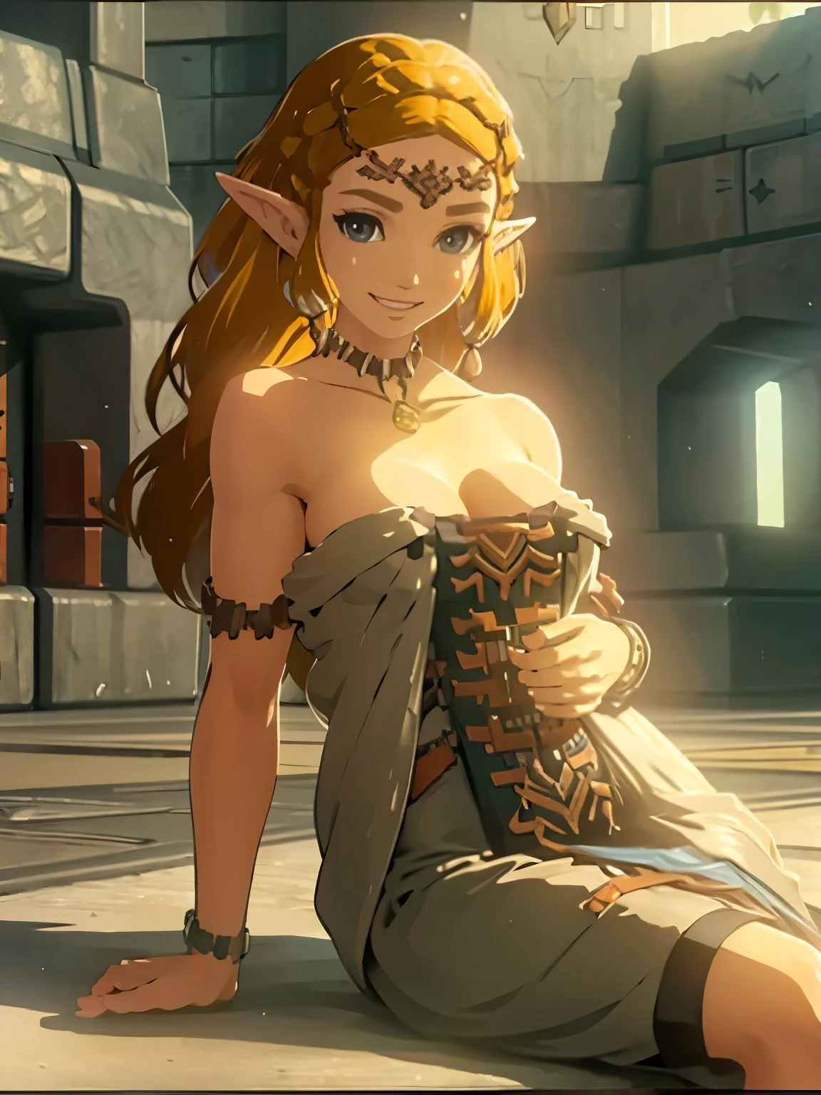 ((masterpiece)), ((best quality)), (detailed), perfect, solo, zelda, gorgeous woman with bikini, luscious lips, long hair, huge breast, deep cleavage, huge breasts, sexy,