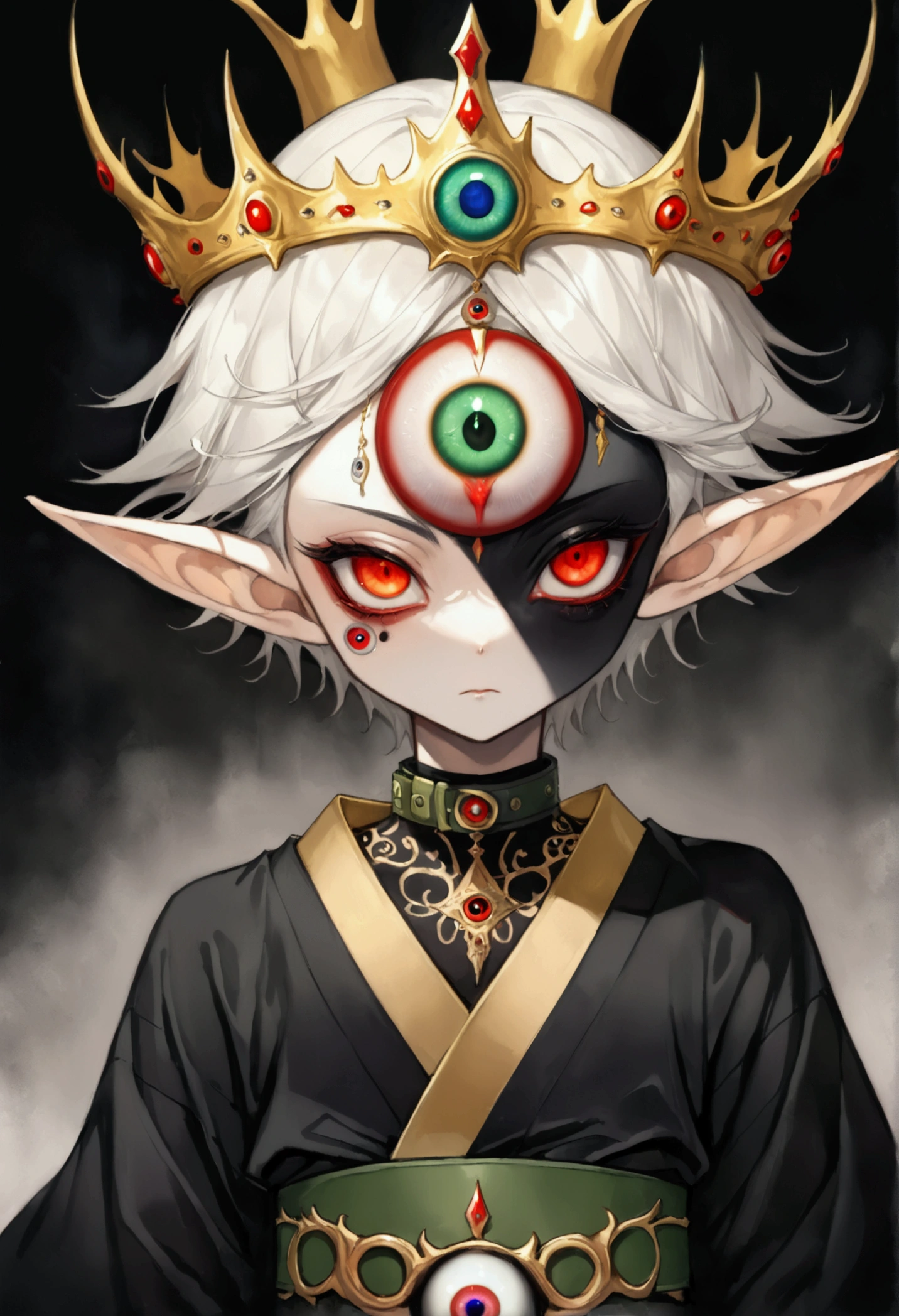 Japanese Anime，Second Dimension，Horror style，horror character，(((Three-eyed boy，独奏，third eye on the forehead，Dark eyeshadow，White short hair，Elf ears，Exaggerated golden crown-eyeball decoration))),(((Gorgeous Japanese red kimono，Eye pattern，Dark Pattern))).(((Thin waist，Green belt：1.6))).(style of santiago caruso,Tattoo on the neck)，Ink smudged black background blur
