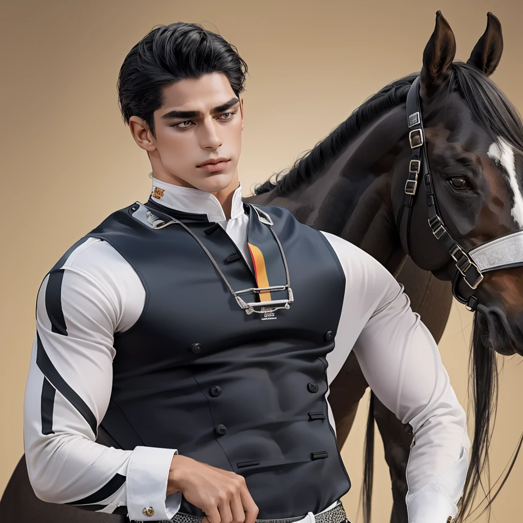 Create a muscular, attractive, black hair with somewhat tan skin, racing silks outfit with bright and colorful colors inspired by polo men. Black horse in the background