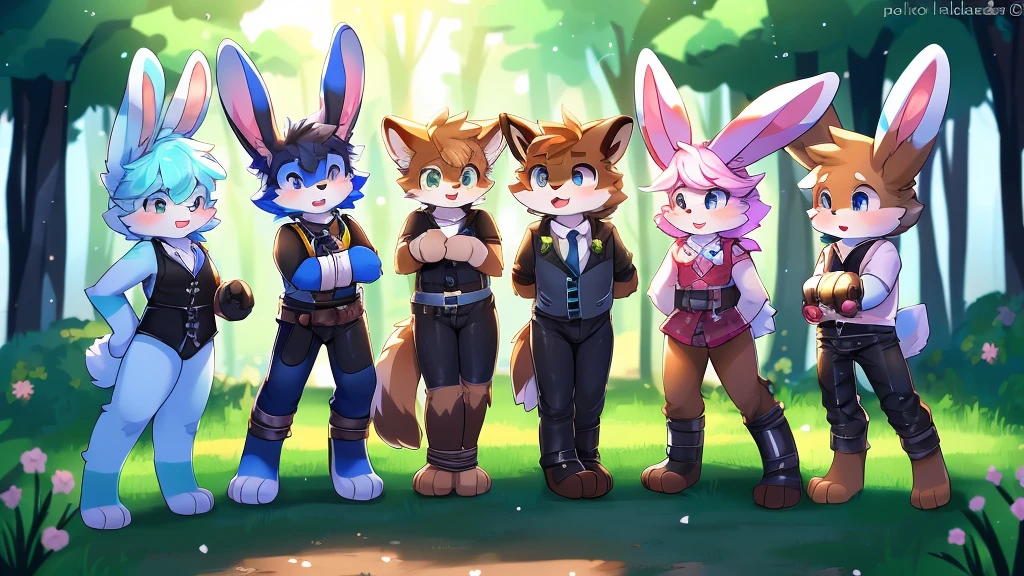 (Molecular Interactions, Online drama distribution license, biliable)(Rabbit)), Lop  proportions, cute, adorable, palebrown fur, honking with electricity, (blue-pink and electricity), blue-green lightning in the environment, wearing a cute, messy padded pants, wearing a dark yellow vest, (leather padded mittens), leather handcuffs, standing, hands tied to wooden posts, in the forest