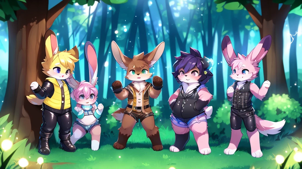 (Molecular Interactions, Online drama distribution license, biliable)(Rabbit)), Lop  proportions, cute, adorable, palebrown fur, honking with electricity, (blue-pink and electricity), blue-green lightning in the environment, wearing a cute, messy padded pants, wearing a dark yellow vest, (leather padded mittens), leather handcuffs, standing, hands tied to wooden posts, in the forest