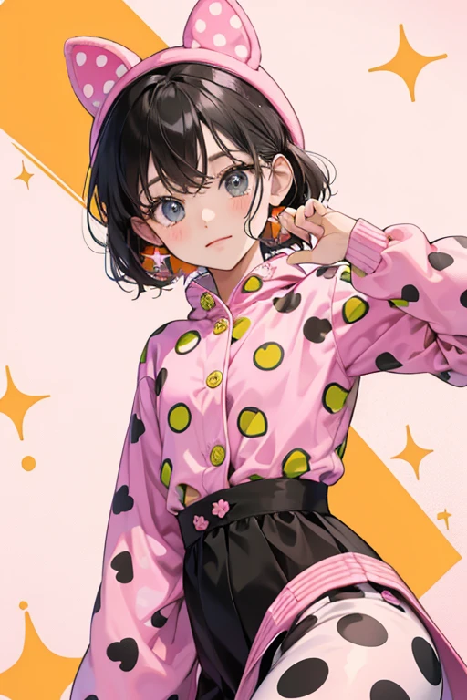 , Squirt wears an outfit resembling footie pajamas. There are many patterns on it, like white with pink polka dots, white and black stripes, and sections of orange. The entire outfit has pink lining. SPARKLE; GLITTER