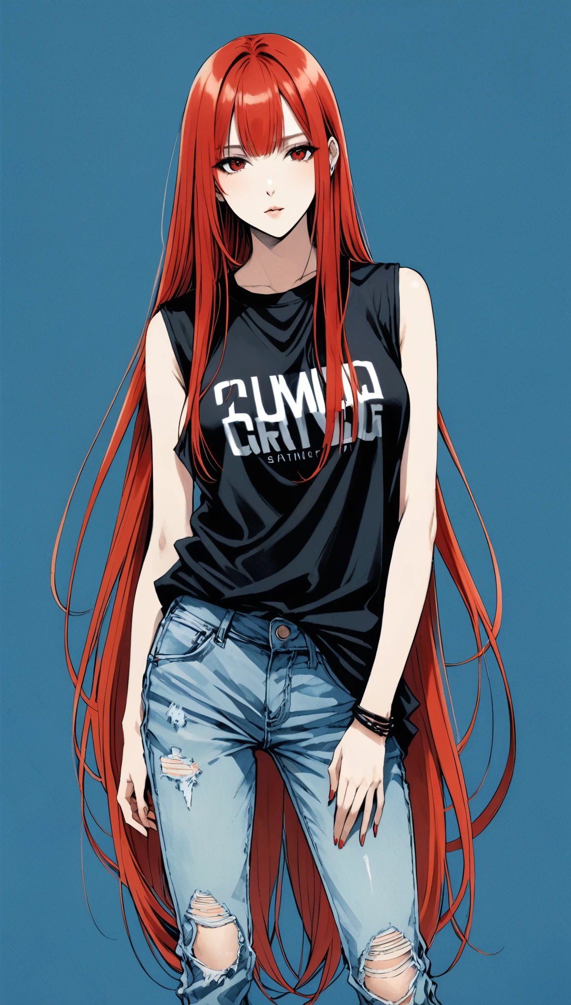 in style of Santiago Caruso,1girl,独奏，Blue Background，oversize ，Hip-hop style，Black Plaid Sleeveless T-Shirt，jeans，One hand behind your back，looking at viewer，(Soft and straight long hair:1.5)Red long hair，Simple style，wide angle,Dynamic Angle，Slanted screen composition，