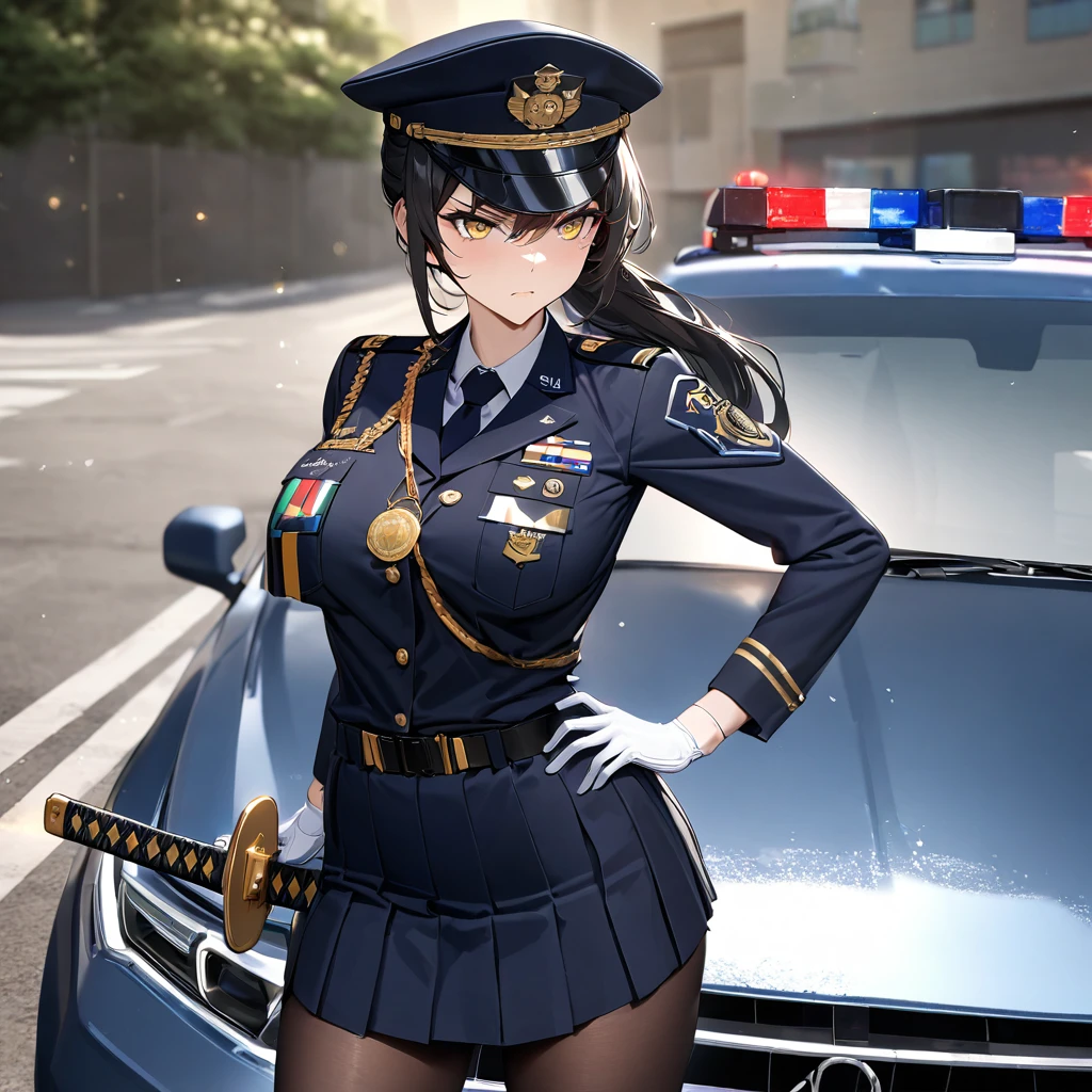 A woman wearing a navy blue Japanese police uniform, large breasts, navy blue skirt, black tights, black heels, navy blue military hat with gold details, wearing sunglasses, serious face, white gloves, with medals on her uniform, standing , in a car park next door with a police car, well detailed car, katana on the waist, black hair, long hair, ponytail hair, yellow eyes..closve view,,(solo woman) ,UHD , prime work , accurate , anatomically correct , textured skin , super details , high quality , best quality, 8k, high resolution, bokeh effect.