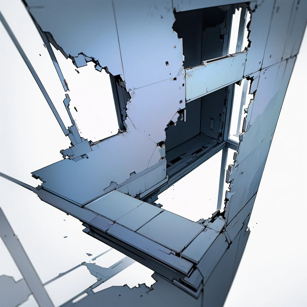complex unrecognizable structure, simple white background, cracks, deform windows, deform doors, abstract