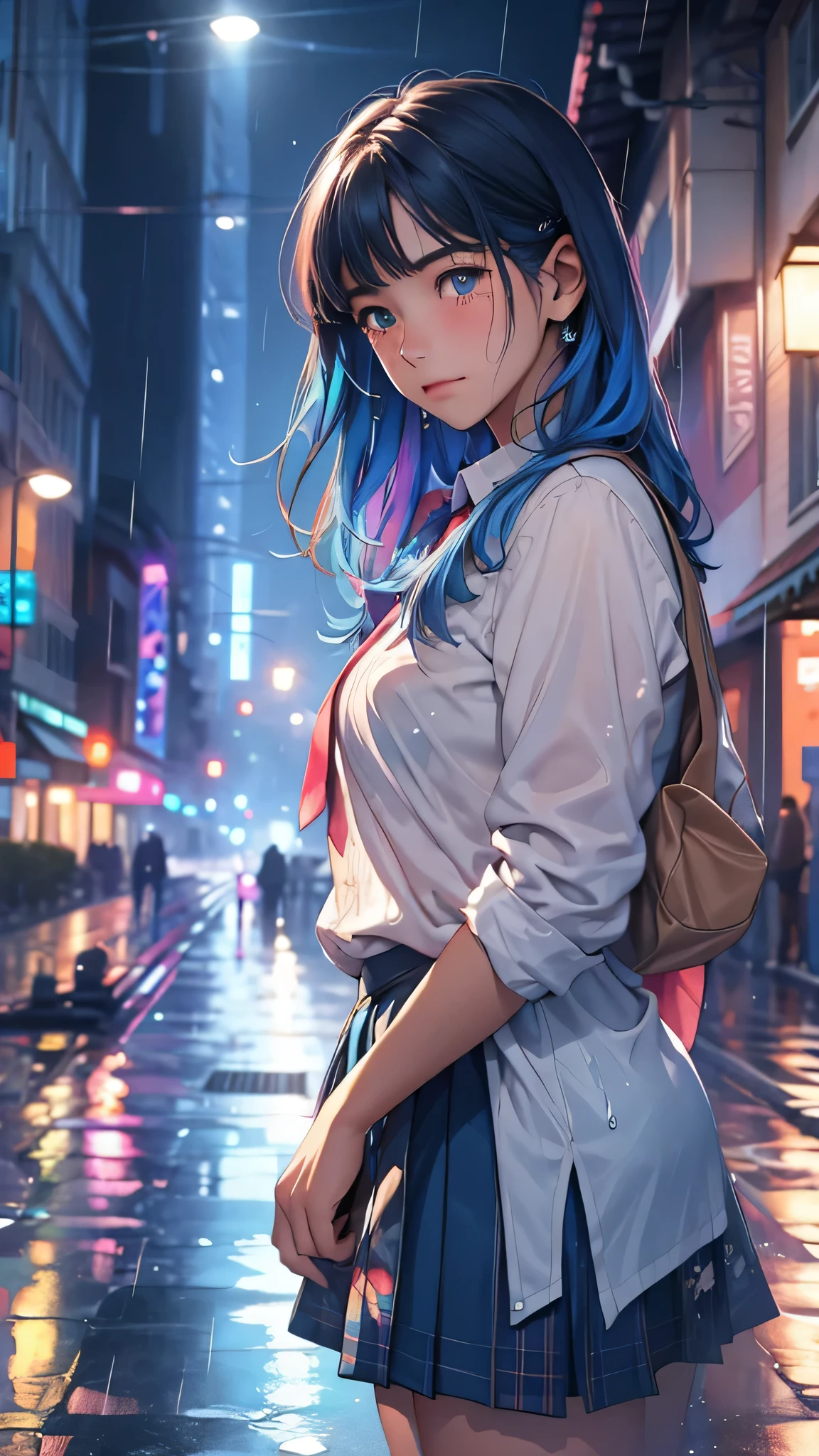 1girl, watercolor painting, high school girl, 18 years old, blue world, rain, rainbow raindrops, fantasy, sad expression, tears, crying, puddle, mirror-like reflection, bokeh, best quality, 4k, 8k, highres, masterpiece:1.2, ultra-detailed, realistic, photorealistic, photo-realistic:1.37, vivid colors, professional