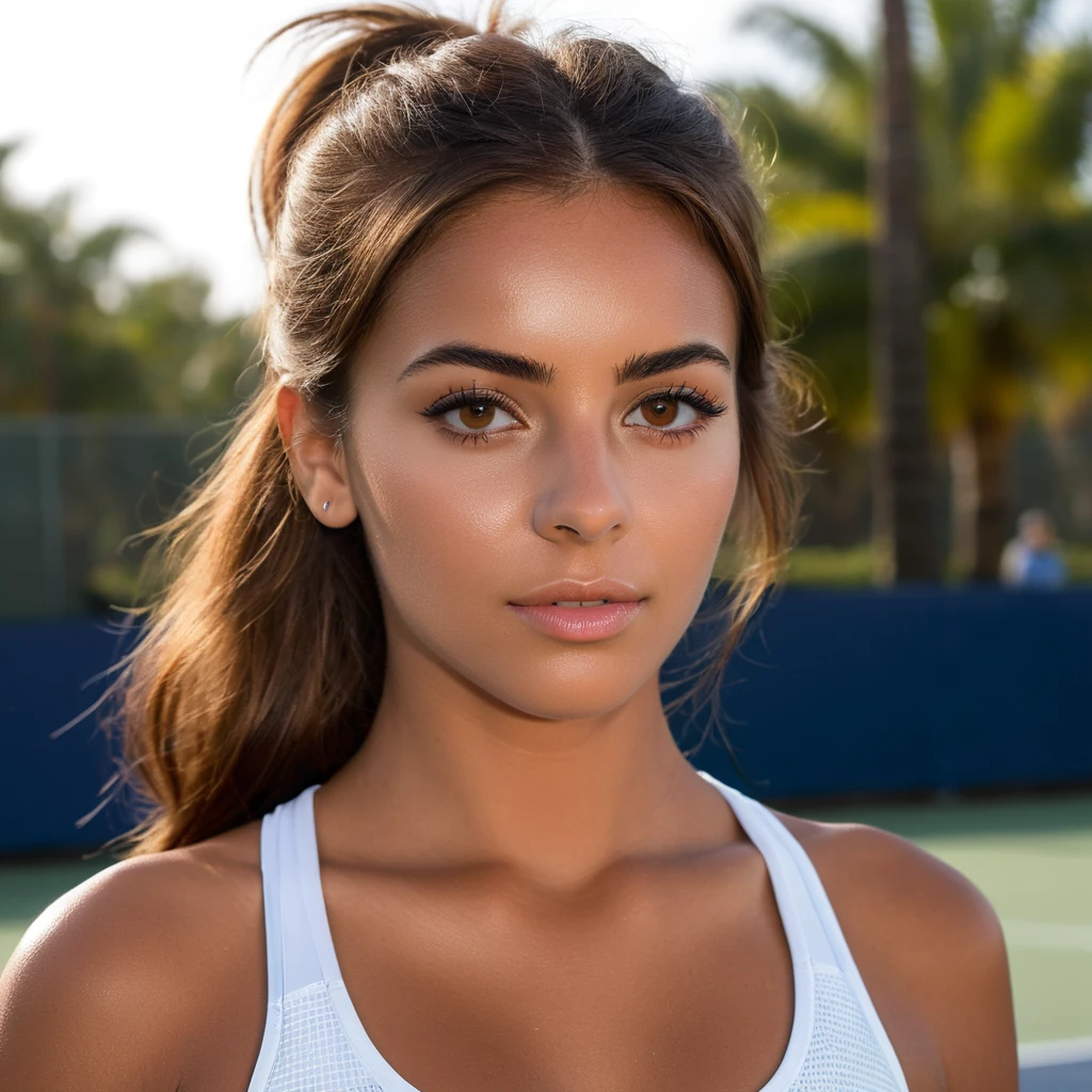 a Colombian woman with brown hair, yeux noirs, en tenue de sport debout à côté d'un terrain de tennis, groupe, high quality, Belle pose, time, dribble, Coachella, Floride, full cheeks, flux, f4 visage parfait, symmetrical eyes, corps parfait, very detailed skin, peau mate, photographie professionnelle, 8k, photo brute, best quality, masterpiece, photo-realistic, very detailed, Cinematic lighting, sharpness, DSLR, high resolution, Photorealistic